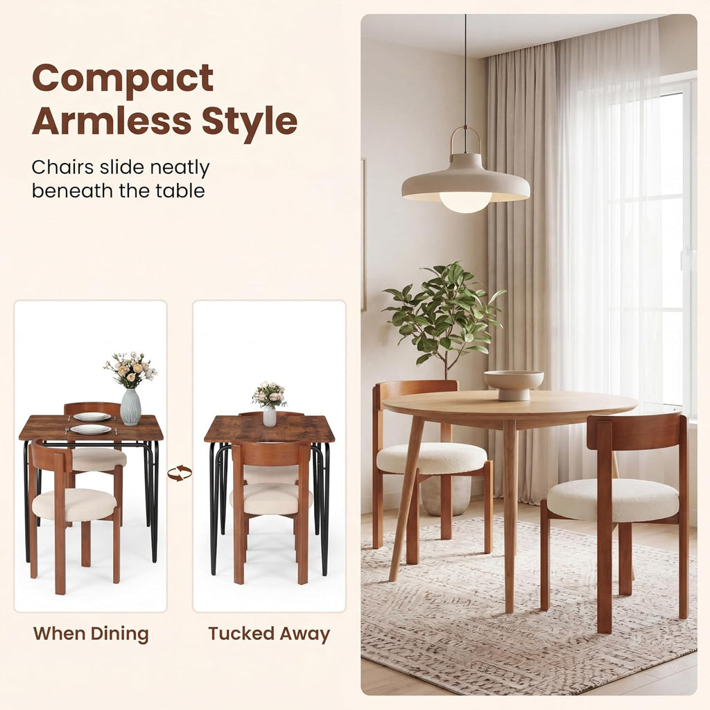 COSTWAY Wooden Dining Chairs Set of 4, Armless Upholstered Kitchen Chairs w/Curved Back & Teddy Fleece Padded Seat, Mid-Century Modern Accent Side Chair for Dining Room & Nooks, Small Space (Brown)