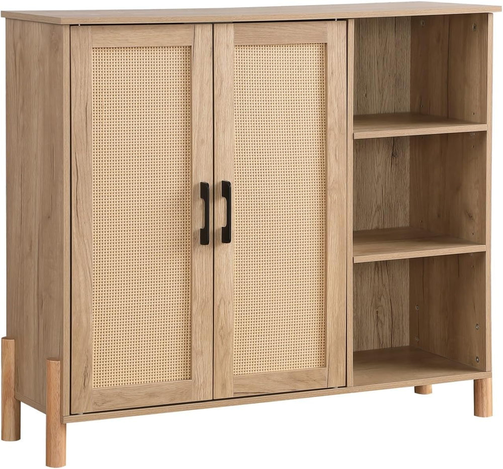 Mid-Century Modern Storage Cabinet, with Open Shelves & Adjustable Shelve...