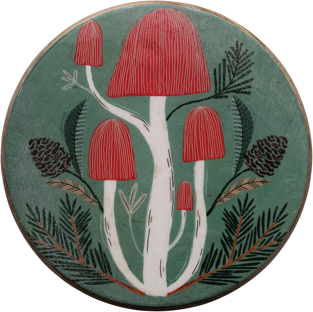 Creative Co-Op Enameled Mango Wood Pedestal with Mushrooms, Natural, Green an...