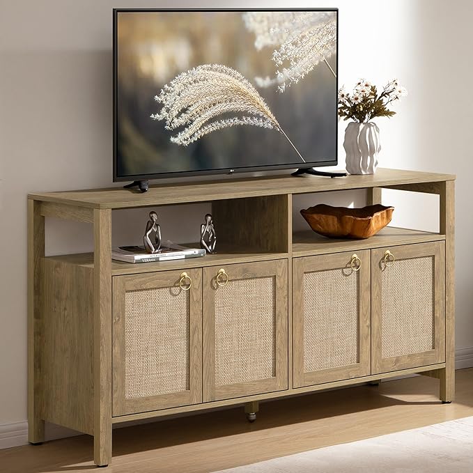 SICOTAS Rattan TV Stand for Television up to 65 Inch - 29.5" Tall Entertainment Center with Storage and Open Shelves,Boho Media TV Console Cabinet with 4-Doors and Adjustable Shelf for Living Room