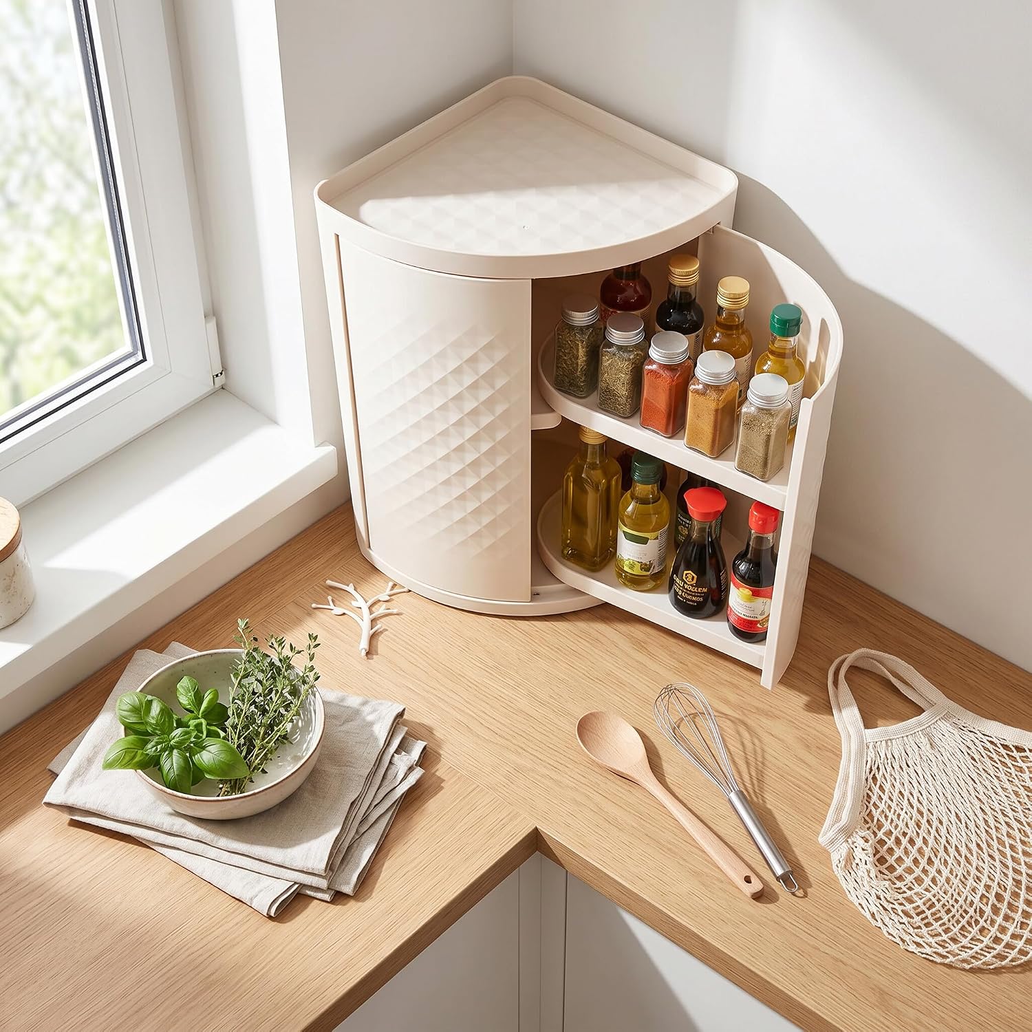 Countertop Corner Storage Cabinet, 360 Degree Rotating Dust Proof PP Storage Rack with Wall Mountable Design, for Bathroom Kitchen Cosmetic Organizer