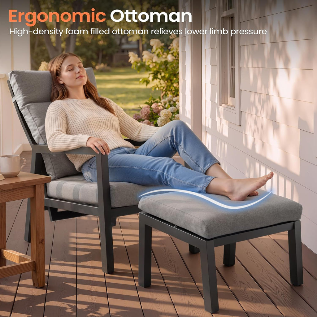 Pellebant Aluminum Outdoor Recliner Chair with Pneumatically Adjustable Backrest - Weather-Resistant Patio Lounge Chair, 4.7-Inch Thick Removable Cushions for Deck, Porch & Backyard, Grey