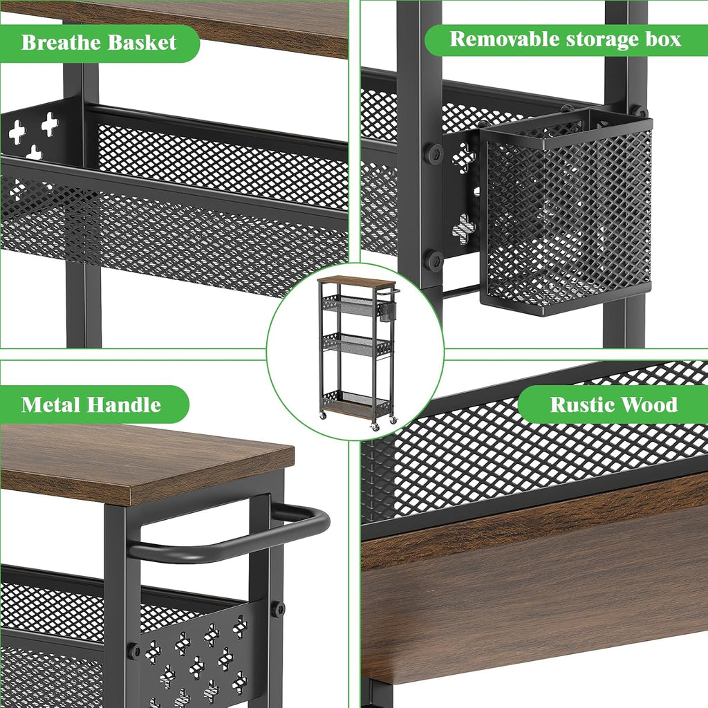 4 Tier Slim Rolling Storage Cart Laundry Room Organzier with Wheels | Small metal bathroom cart，kitchen organizer, trolley with handle and mesh basket, 7.1 inch width for narrow space, black