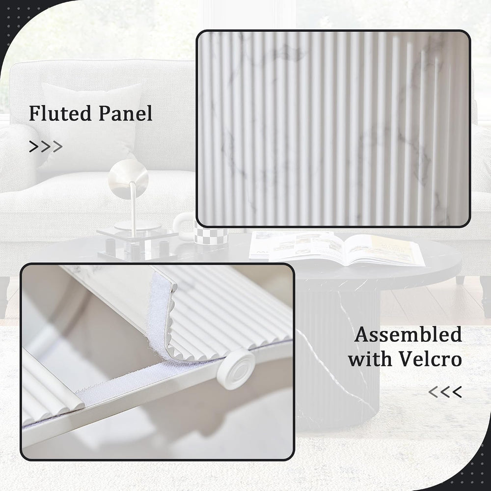 Modern 42.5" Oval Faux Marble Coffee Table, White Fluted Textured Base L...