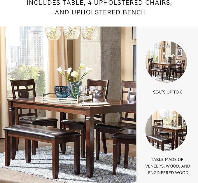 Signature Design by Ashley Bennox Dining Room Table and Chairs with Bench (Set of 6), Brown