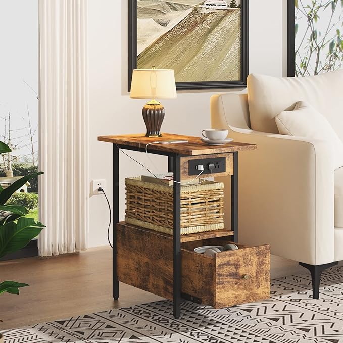 LIDYUK End Table with Charging Station, Narrow Side Table with Drawer and USB...