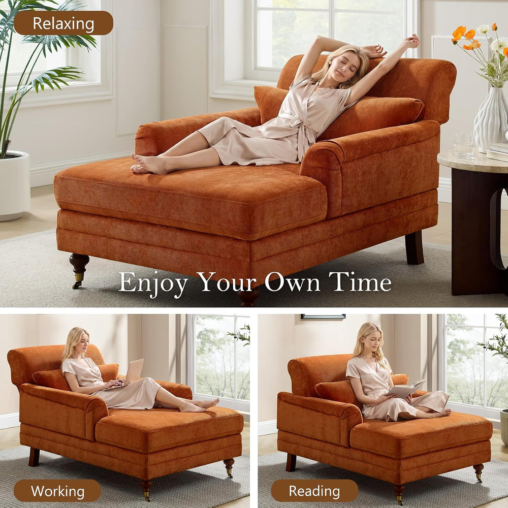 59.45'' Chaise Lounge Chair with Adjustable Backrest, Chenille Curry