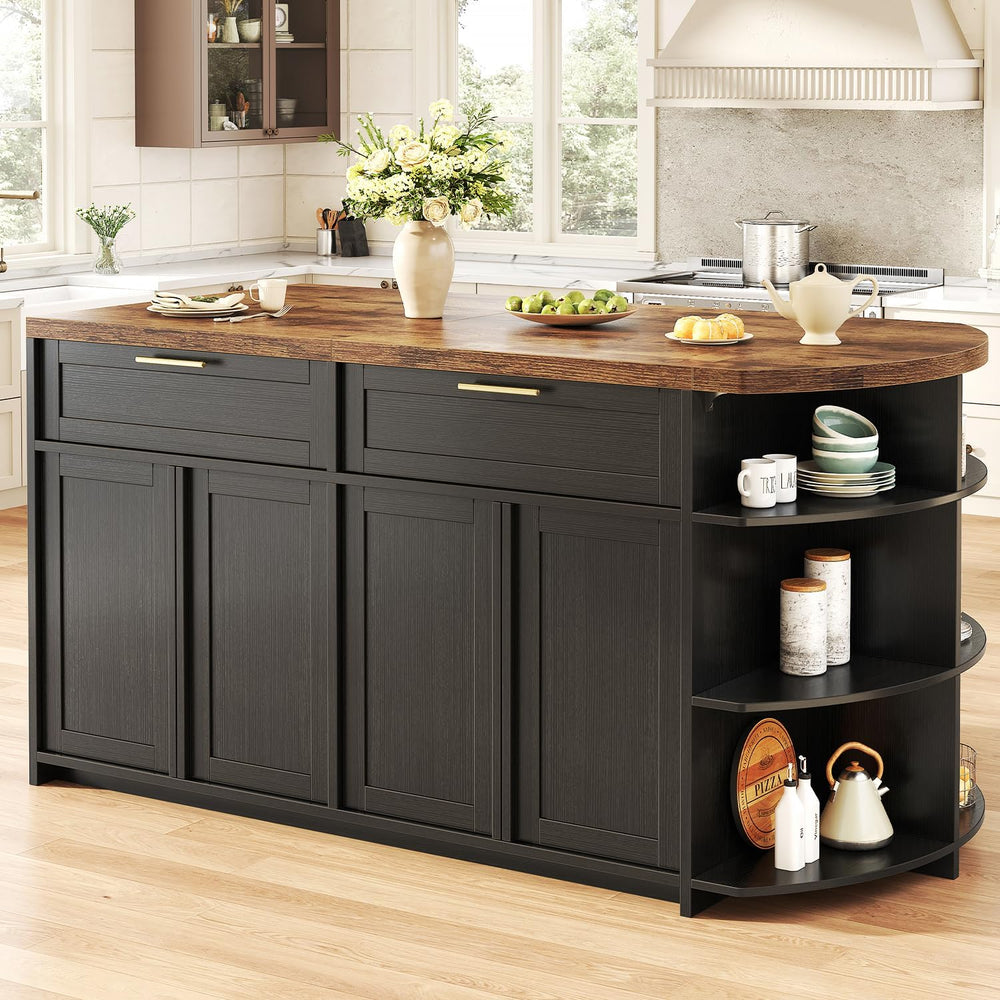 HSH 63 Inch Large Kitchen Island with Storage and Seating, Rustic Brown | Sta...