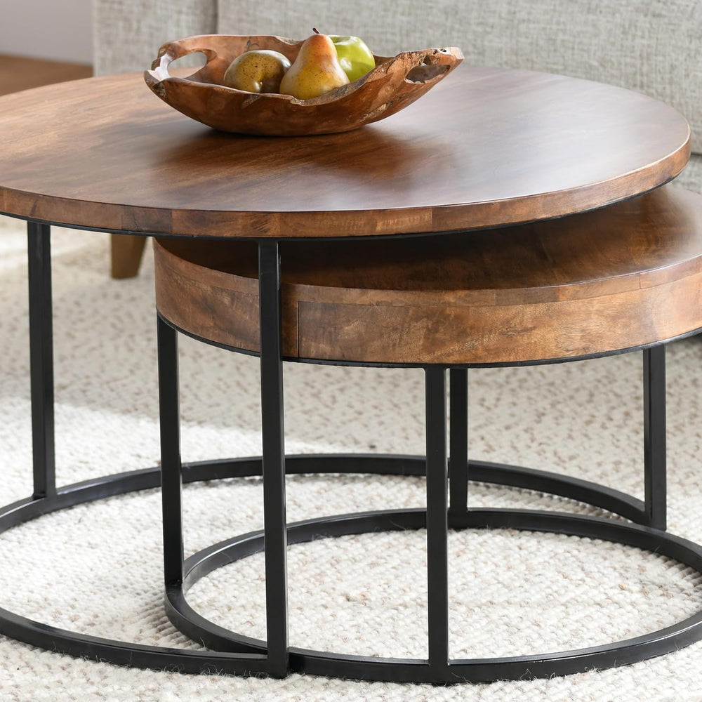 32" Natural Grain Side Coffee Table, Small Nesting Tables with Sturdy Ir...