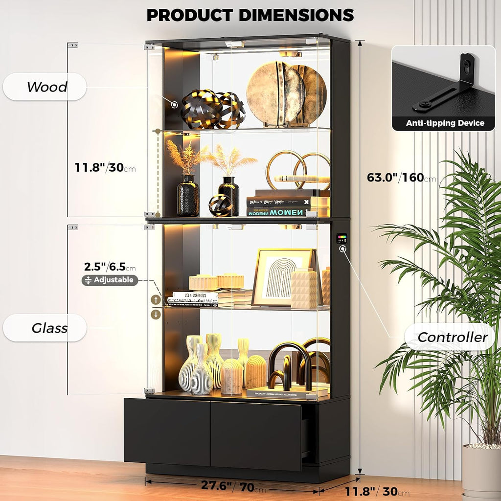 VersionTECH. Display Cabinet with Glass Doors, 4-Tier Curio Cabinet with RGB Lights for Collectibles, Display Case with 2 Drawers, Adjustable Glass Shelves, Human Body Sensor, Mirror Backing, Black