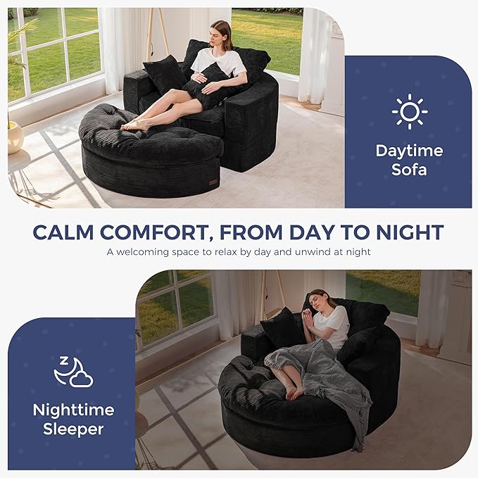 MAXYOYO Modular Sectional Chaise Lounge Sofa, Round Upholstered Lounge Chair with Ottoman, Comfy Couch with Layered Cushion, Tufted Sleeper Chair for Living Room, No Assembly, Black