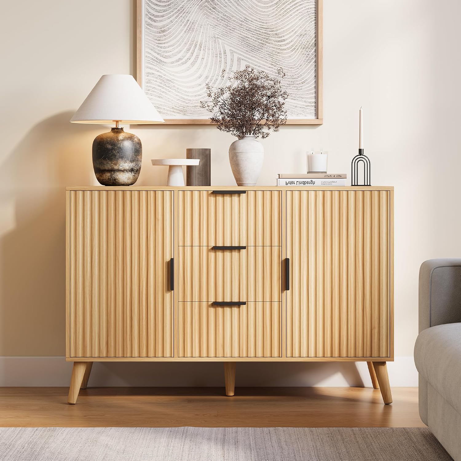 47.2" Fluted Sideboard Buffet Cabinet with 3 Drawers, Modern Sideboard Cabinet with Storage, Large Storage Cabinets with 2 Doors Accent Credenza for Kitchen|Living Room|Entryway, Natural