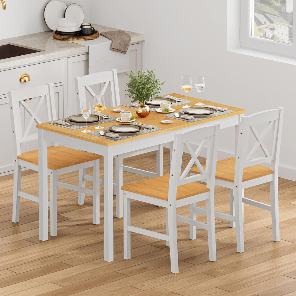 DlandHome 5 Piece Dining Table Set, Wood Kitchen Table with 4 Chairs for Dini...