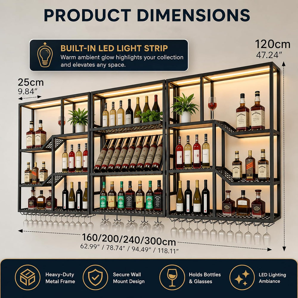 94.5in Wall Mounted Wine Rack with LED Light, Heavy Duty Metal Liquor Shelf, ...