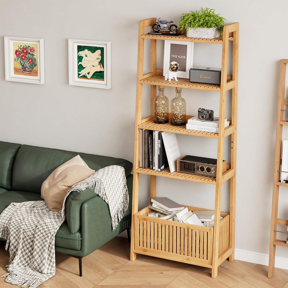 Bamjoy Bamboo Ladder Shelf, Bookshelf with 4 Display Shelves and 1 Open Stora...