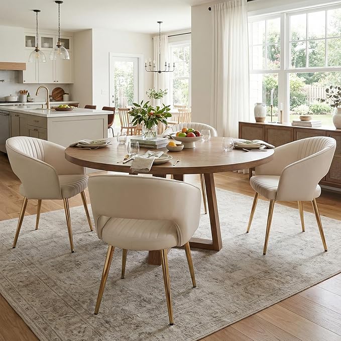 Faux Leather Dining Chairs Gold Legs, Modern Cream PU Leather Dining Room Chairs with Arms Set of 4 Upholstered Accent Chair Armchair with Barrel Back for Kitchen Living Room