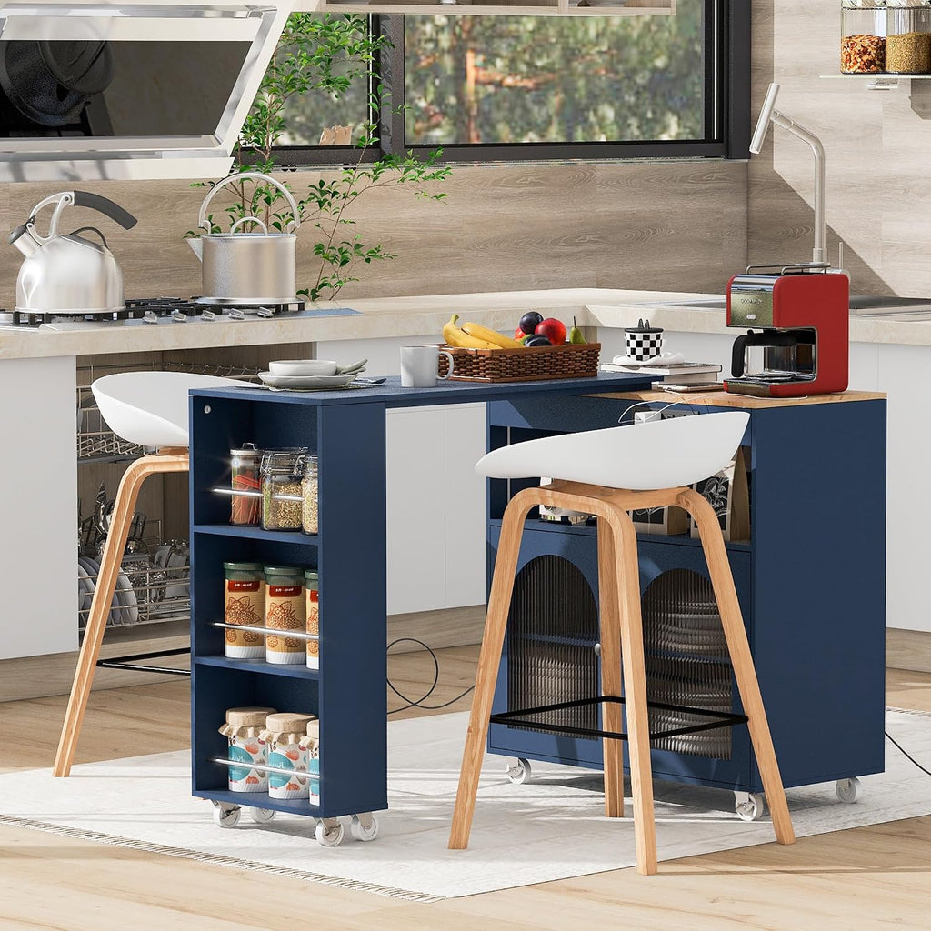 Rolling Kitchen Island Set with Extended Table, LED Lights, Power Outlets, 2 Fluted Glass Doors, a Storage Compartment, Side 3 Open Shelves for Dining Room Kitchens Living Room Navy