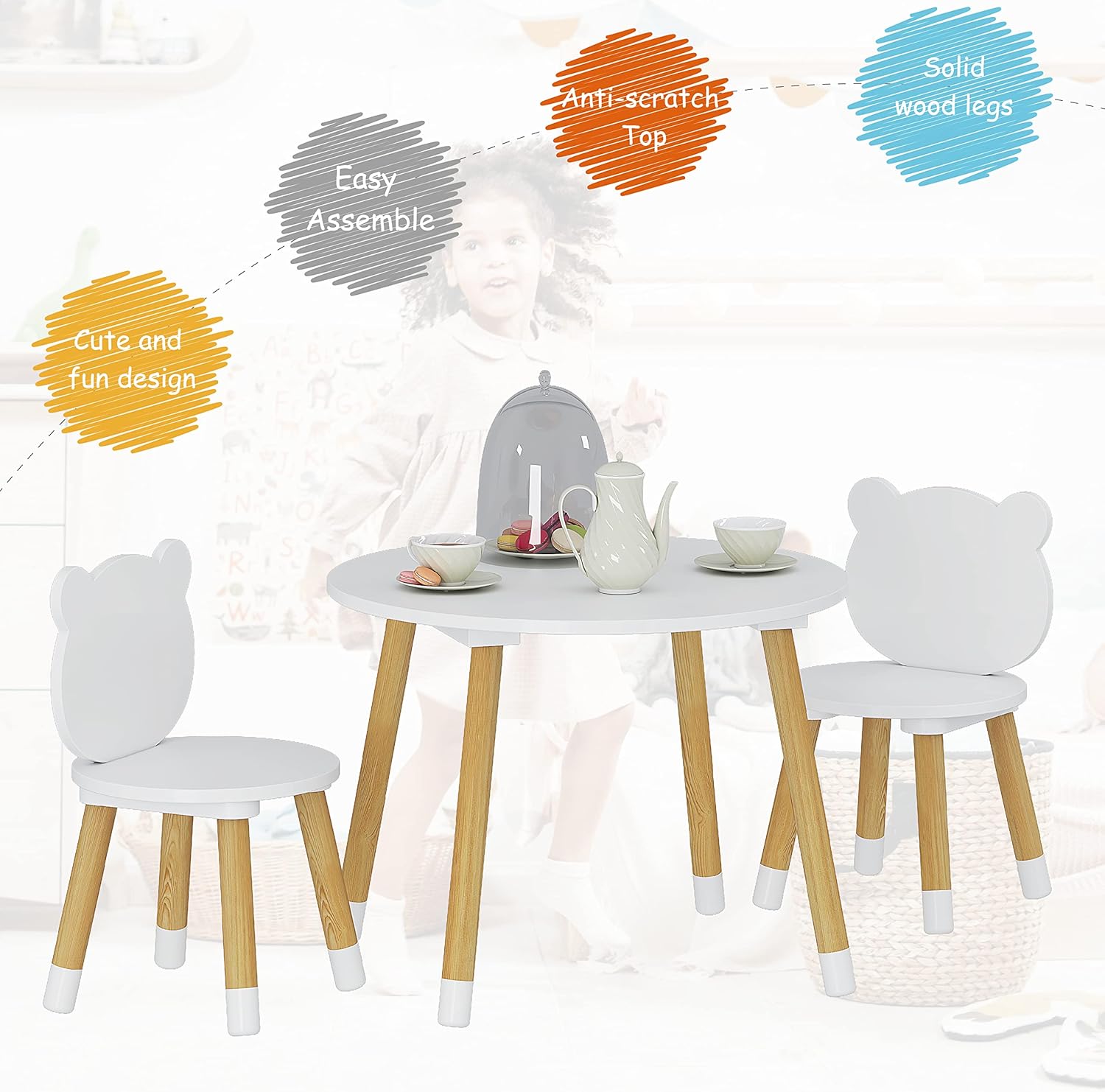 UTEX Kids Wood Table and Chair Set, Kids Play Table with 2 Chairs,3 Pieces Wood Round Table for Toddlers, Girls, Boys,White