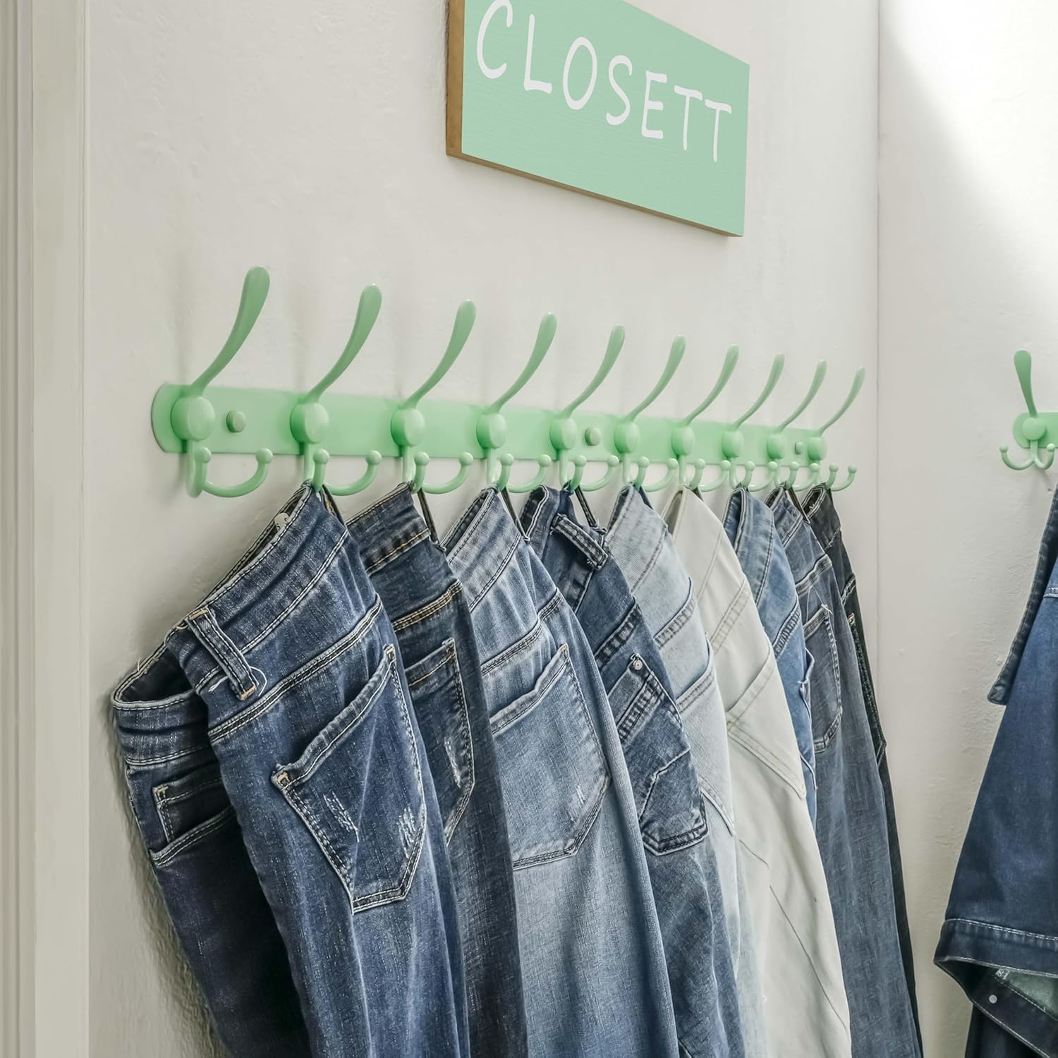 Dseap Coat Rack Wall Mount - 38” Long 10-Tri-Hooks Heavy Duty Coat Hanger Rail Wall Hooks for Hanging Coats Hats Clothing Clothes Purse Mudroom Entryway, Green