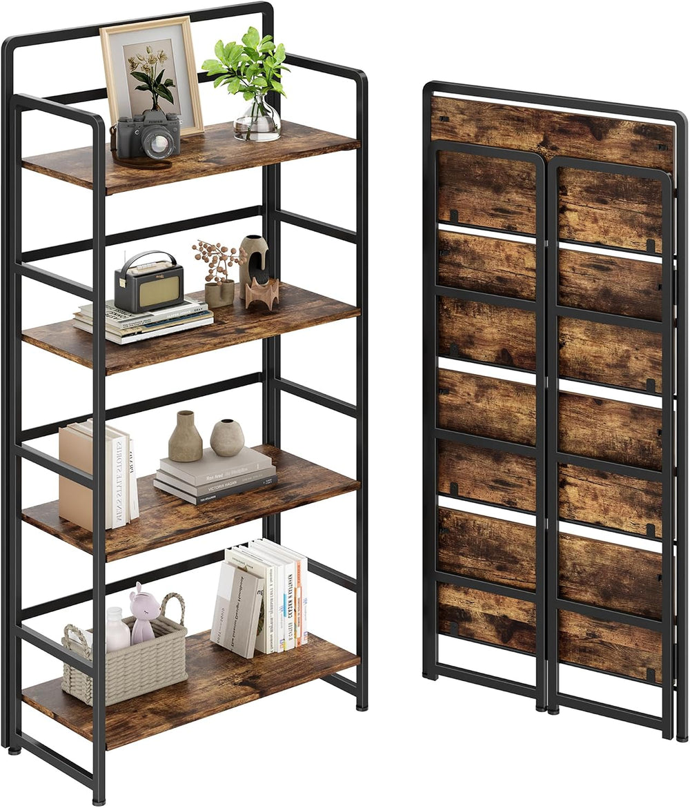 Folding Bookshelf 4 Tiers,No Assembly,Vintage Wood Storage,Rustic Brown