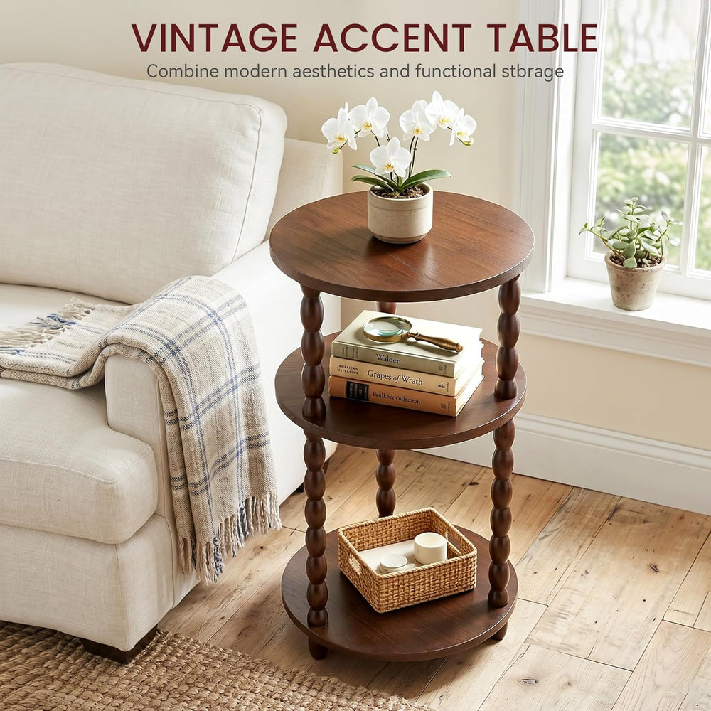 Small Round Side Table, 3-Tier Solid Wood End Table with Storage Shelf, Moder...