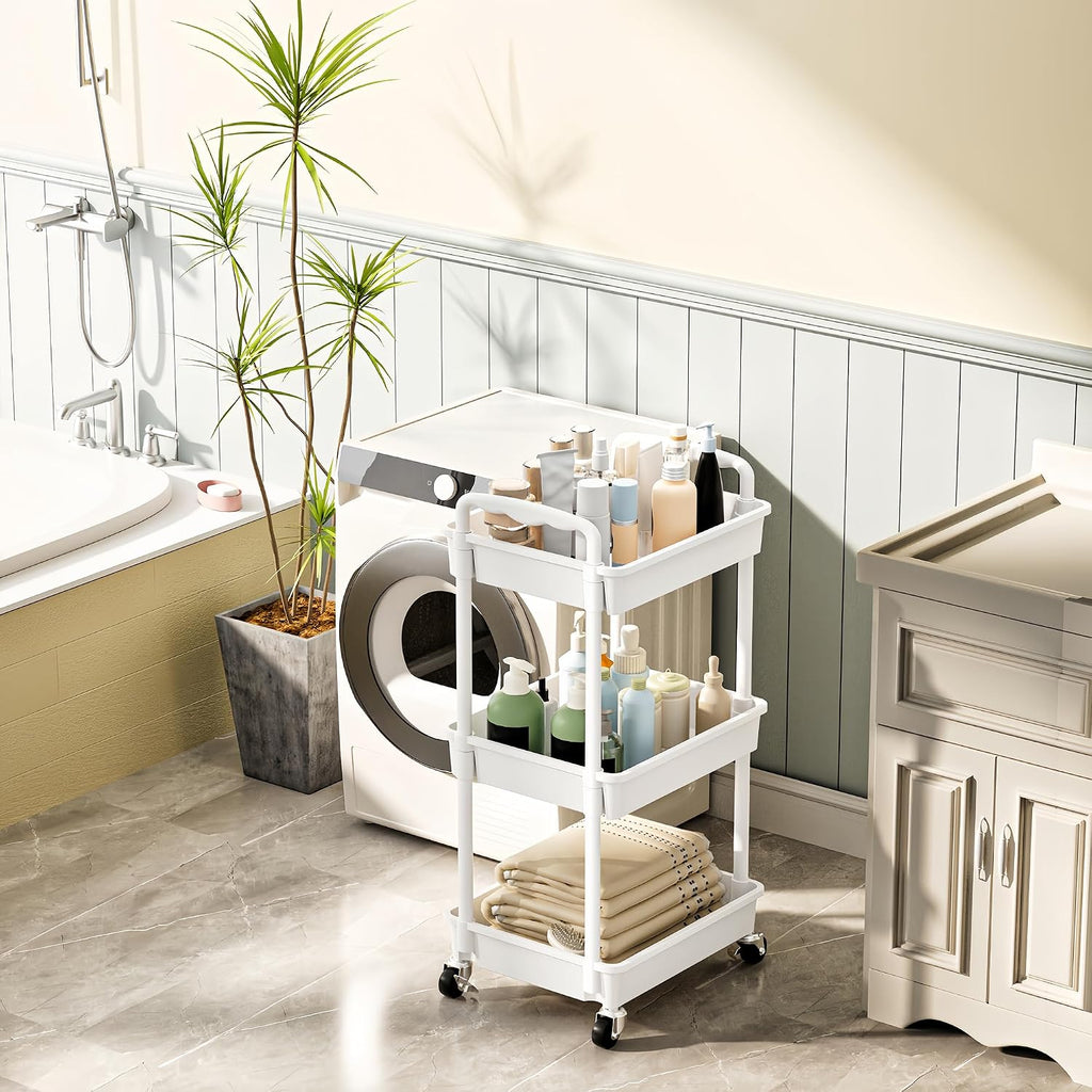 SUNALLY 3-Tier Rolling Cart with 2 Lockable Wheels, Multifunctional Storage Organizer for Bathroom, Kitchen, Office, Craft, Makeup, Baby Essentials, White