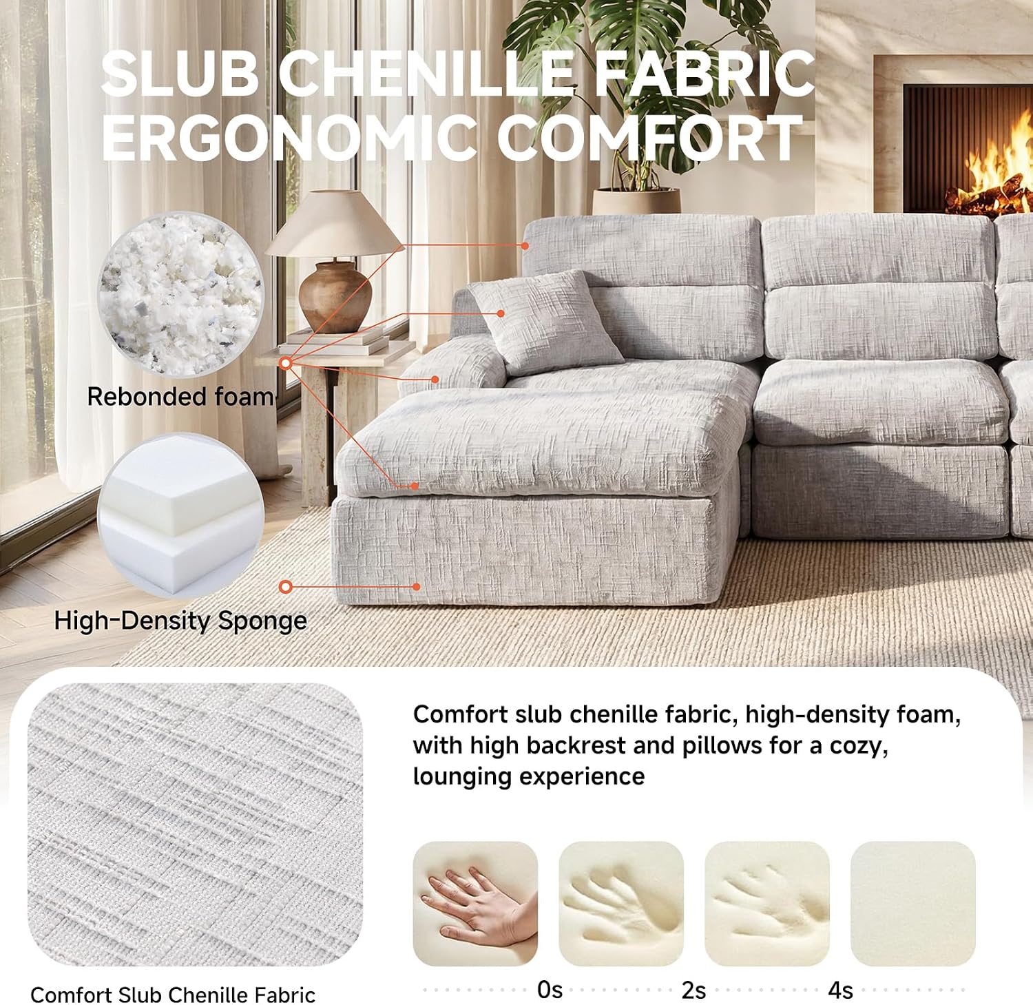 110" High Back Boneless Couch, L-Shaped Modular Sectional Sofa Bed | Sectional Couches for Living Room, Slub Chenille Fabric, No-Assembly, Light Gray