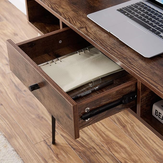 VECELO 39.3" Home Office Work Table with Drawers,Computer Desk with Hairpin Legs for Writing/Study,Rustic Brown