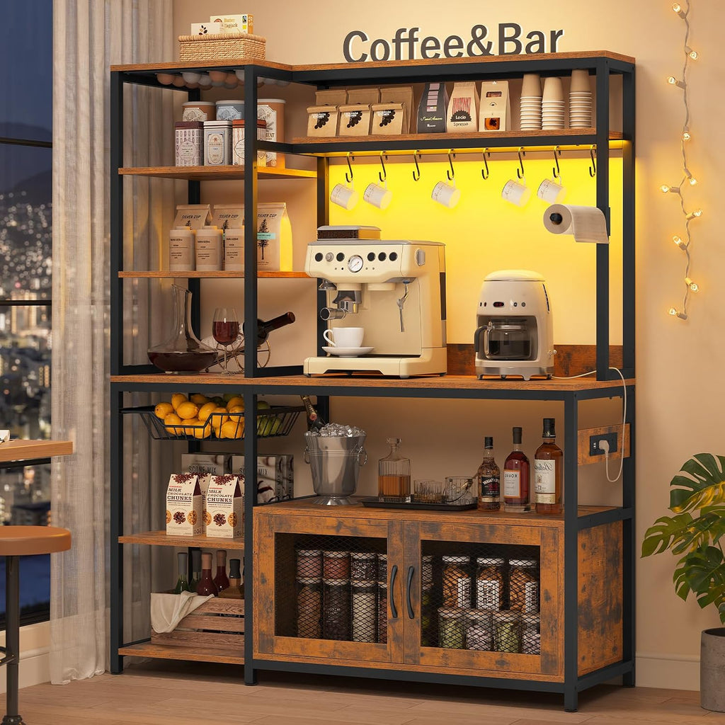47.2 in Bakers Rack with Power Outlet & LED Light, Coffee Bar with Coffee Pod Holder for Vetuo, Kitchen Microwave Stand with Storage Shelves, Paper Holder, Cabinet, Wire Basket, 8 Hooks (Rustic Brown)