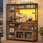 47.2 in Bakers Rack with Power Outlet & LED Light, Coffee Bar with Coffee Pod Holder for Vetuo, Kitchen Microwave Stand with Storage Shelves, Paper Holder, Cabinet, Wire Basket, 8 Hooks (Rustic Brown)