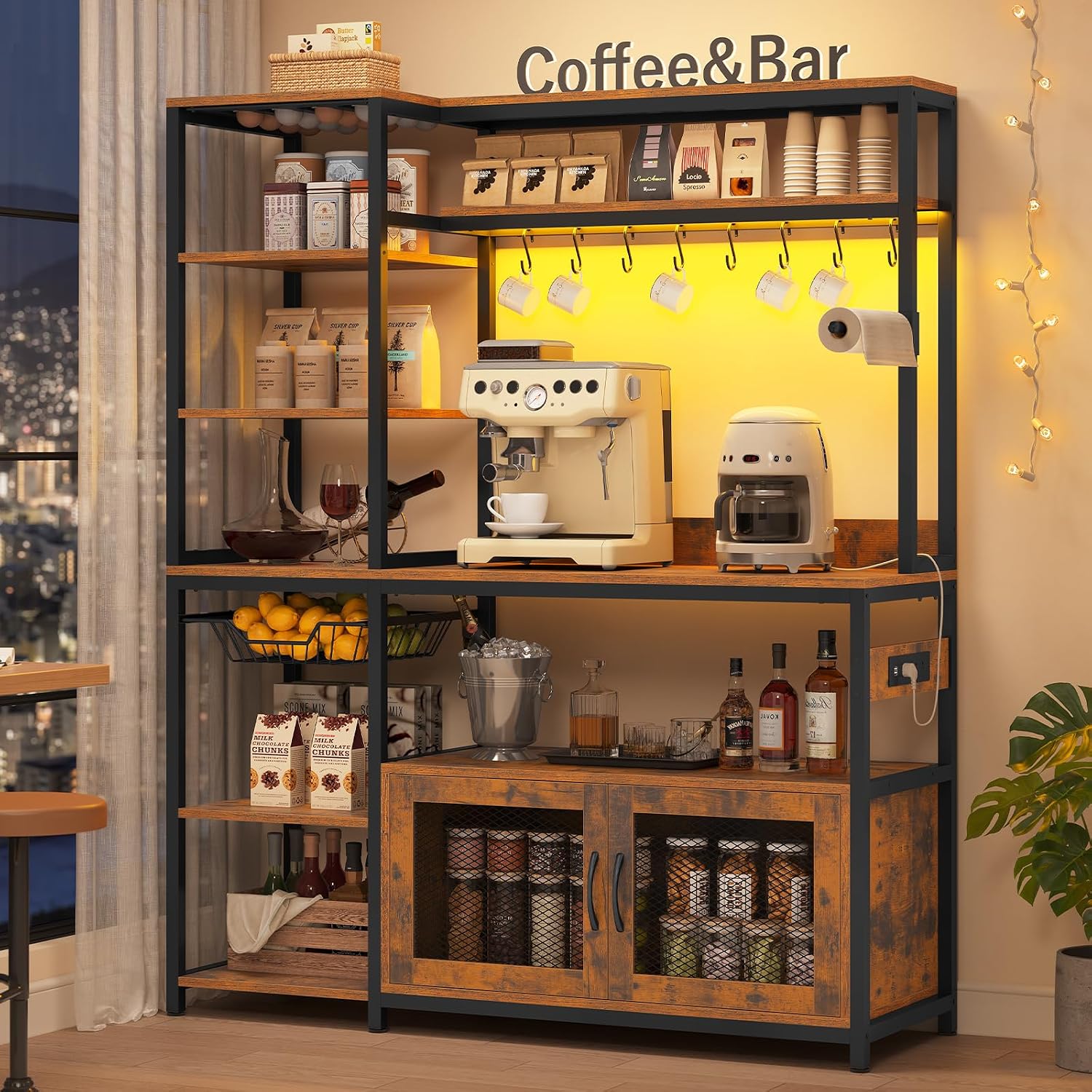 47.2 in Bakers Rack with Power Outlet & LED Light, Coffee Bar with Coffee Pod Holder for Vetuo, Kitchen Microwave Stand with Storage Shelves, Paper Holder, Cabinet, Wire Basket, 8 Hooks (Rustic Brown)