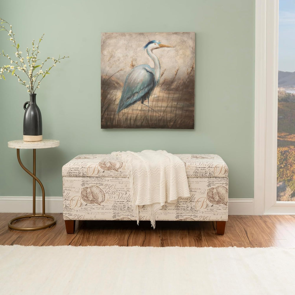 Linon Carmen Ivory and Beige Seashell Upholstered Lift Top Storage Ottoman wi...