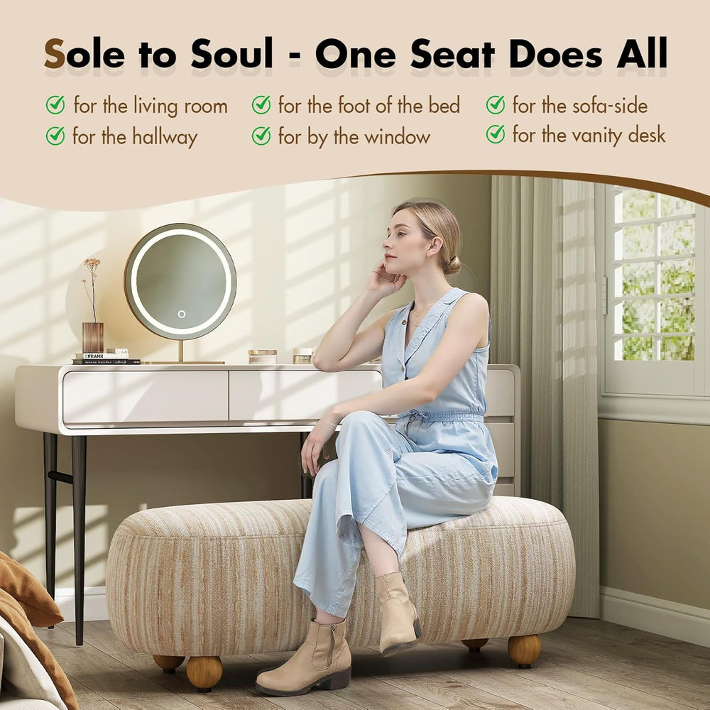 Hyfirm 54" Oatmeal Linen Upholstered Bench – Beige End of Bed Ottoman wi...