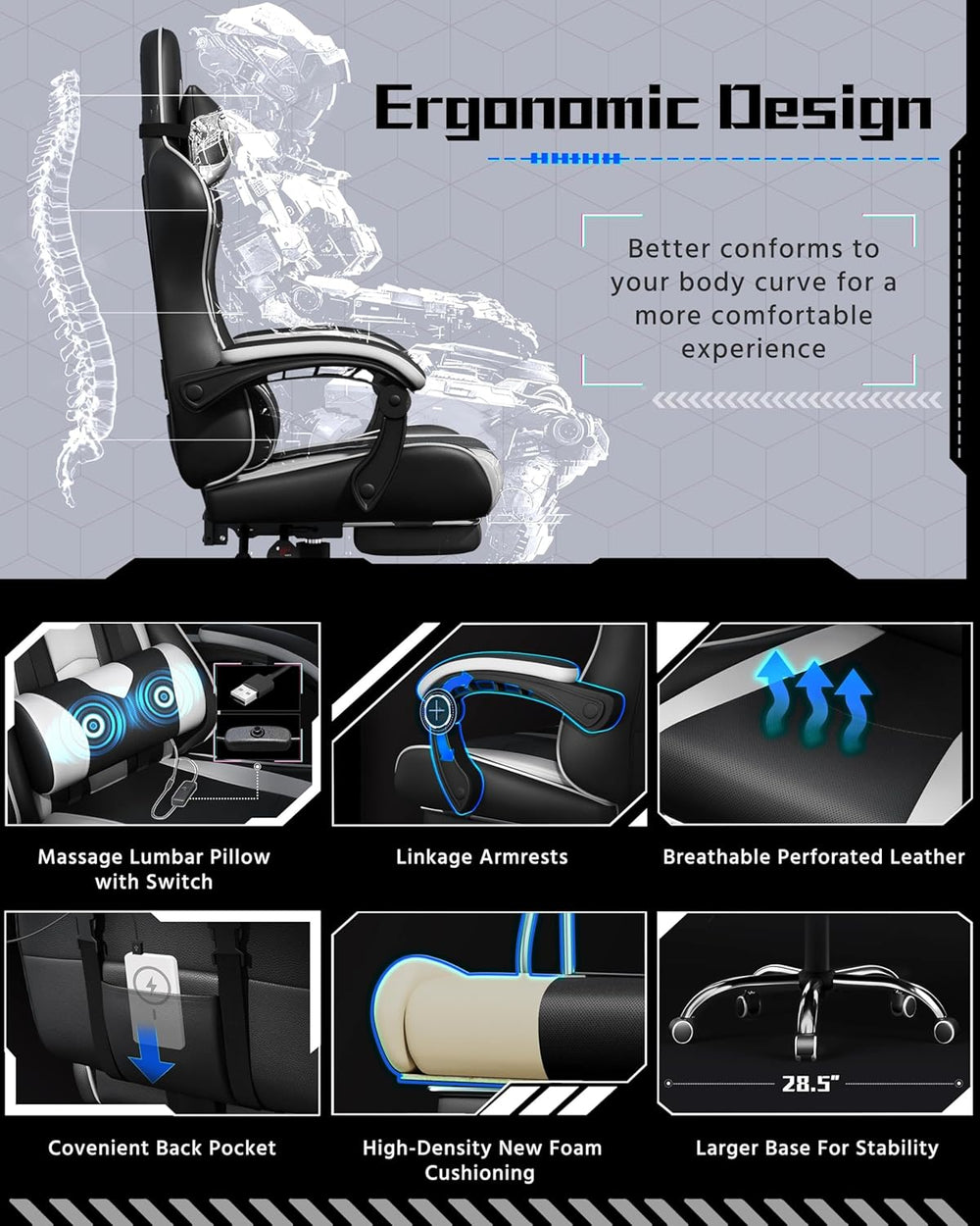 Yaheetech Gaming Chair with Footrest Massage Lumbar Pillow Black and White | ...
