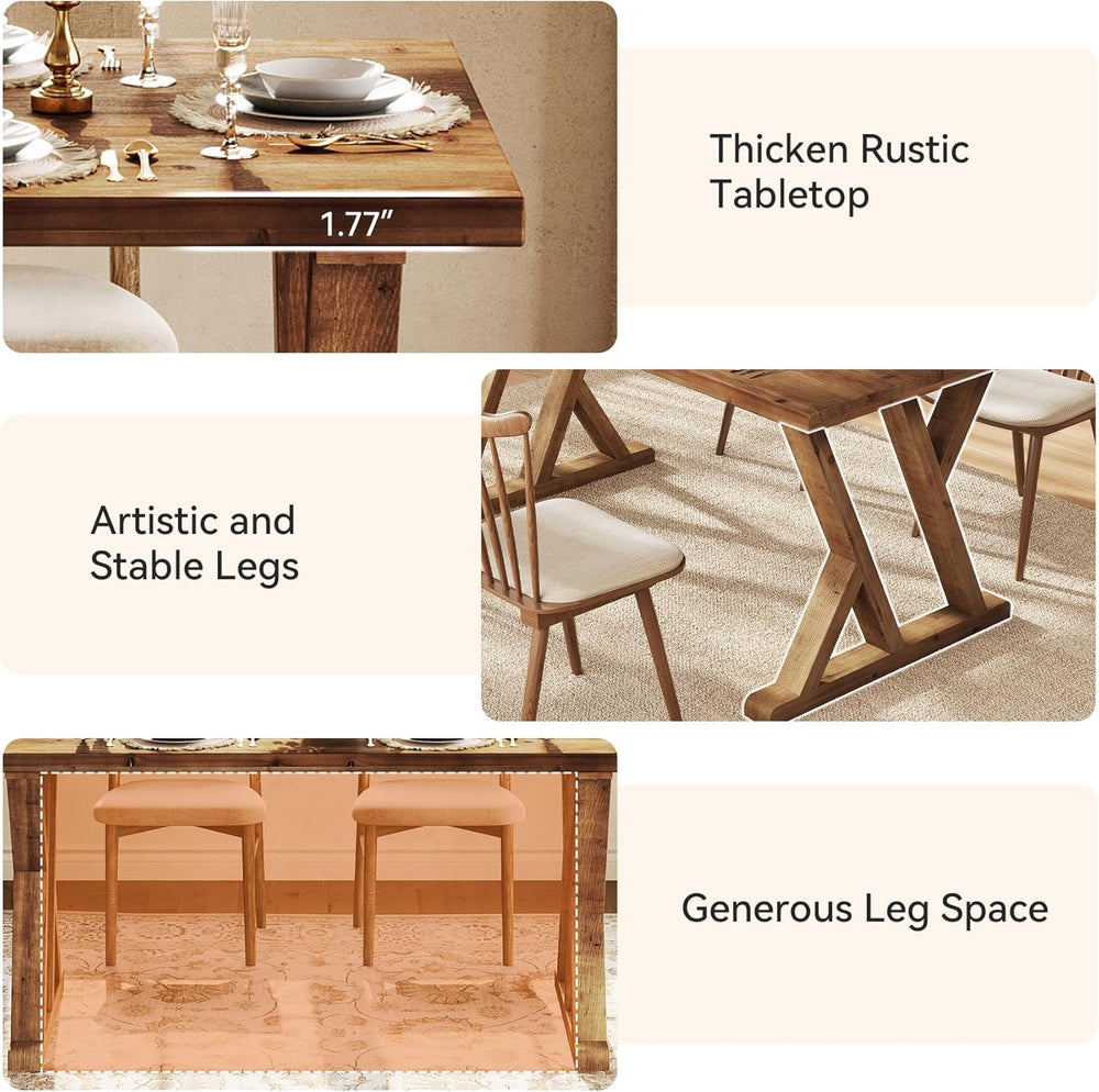 Solid Wood Dining Table for 4-6 People, 63 Inches Wooden Farmhouse Rectangula...