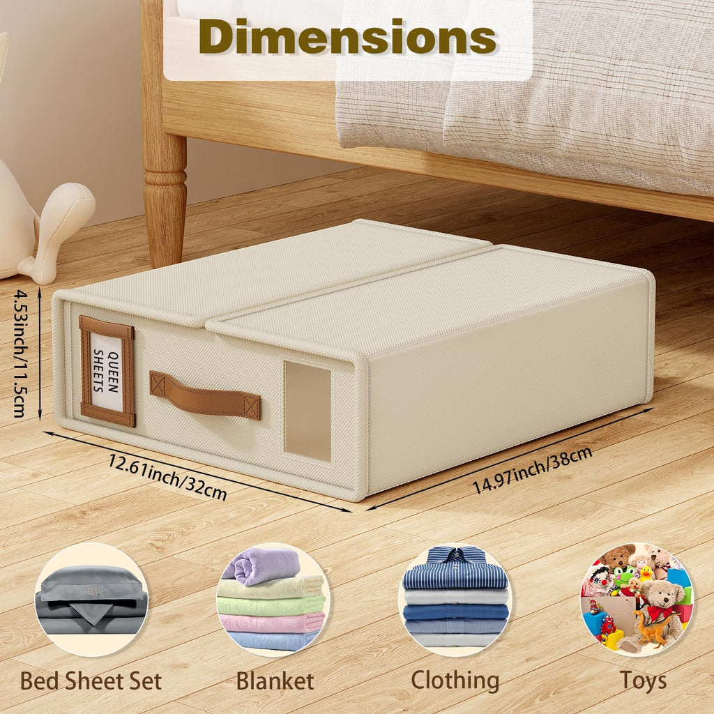 Bed Sheet Organizers and Storage (6 Pack, Queen & King Size) – Foldable Linen Closet Organizers with Window & Label, Zipper Bedding Storage Box for Sheets, Duvet Covers, Pillow Cases – Beige