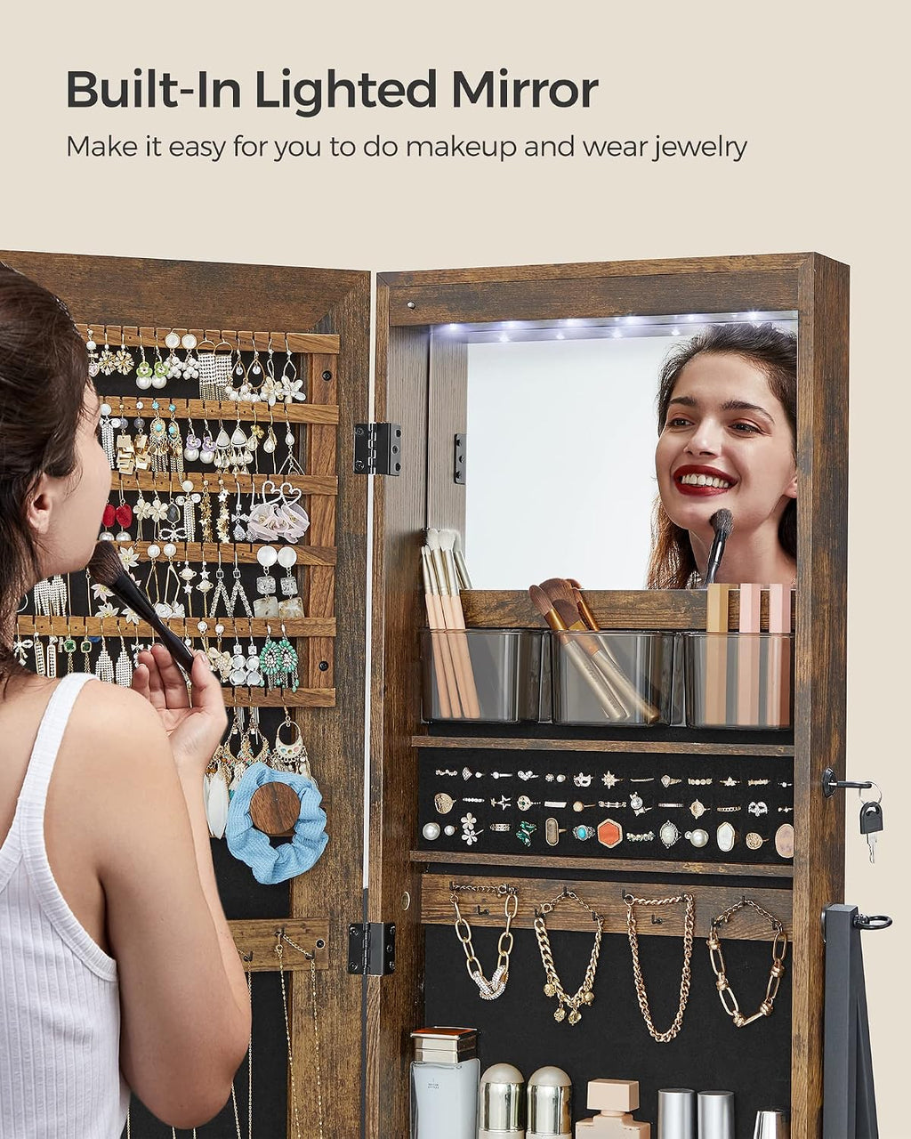 SONGMICS LED Cabinet Standing, Lockable Jewelry Armoire with Full-Length Mirror, Space-Saving Jewelry Organizer with Mirror, Bottom Drawer and Shelf, Gift Idea, Rustic Brown UJJC025X01