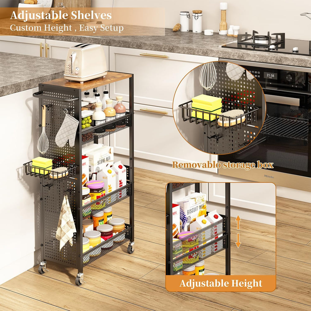 Slim Storage Rolling Cart: 4-Tier Narrow Metal & Wood Utility Cart with W...