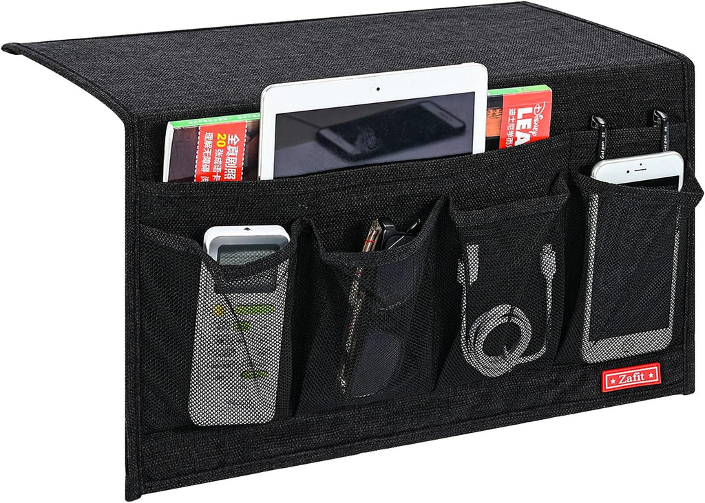 Linen 6 Pockets Bedside Caddy, Bedside Storage Organizer for Magazine, Remotes, Phone (Black)