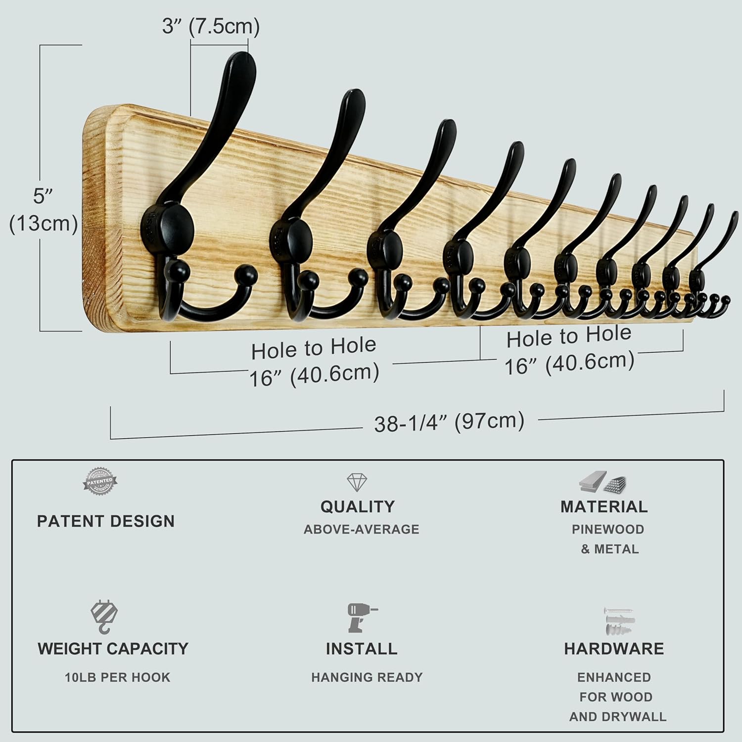 Dseap Coat Rack Wall - Heavy-Duty 38-1/4" Long, with Reinforced 10 Custom Tri-Hooks, Solid Wood Wall Hanger for Coats Hat Jackets - Rustic Farmhouse Entryway Hallway Storage, Light Brown & Black