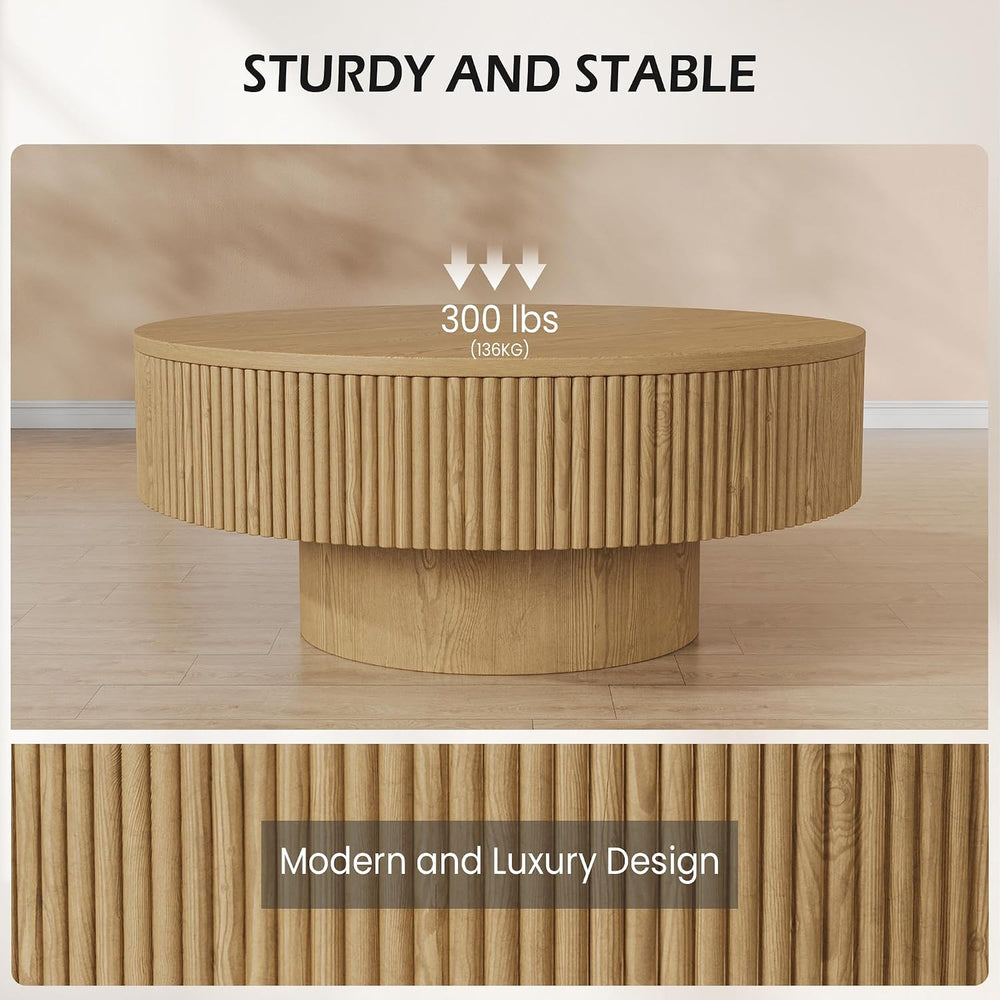 YOUDENOVA 31.5” Round Fluted Coffee Table, Modern Wood Circle Coffee Table, V...