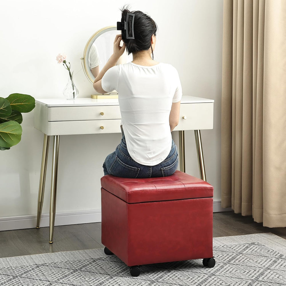 Homebeez Storage Ottoman with Rolling Wheels, PU Leather Tufted Cube Footrest...