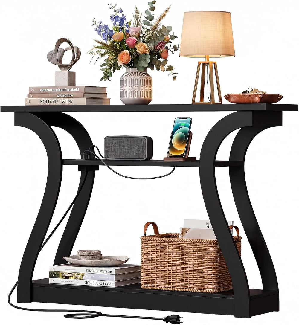 SUPER DEAL 47 in Wood Console Table with Charging Station, 3 Tier Narrow Entr...