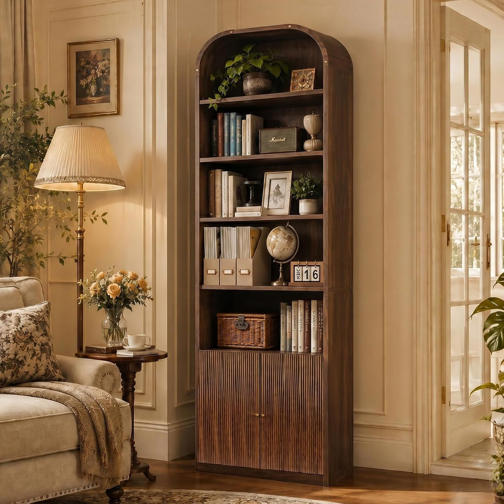 71" Tall Arched Bookshelf with Door, 7 Tiers Arched Bookcase with Storag...