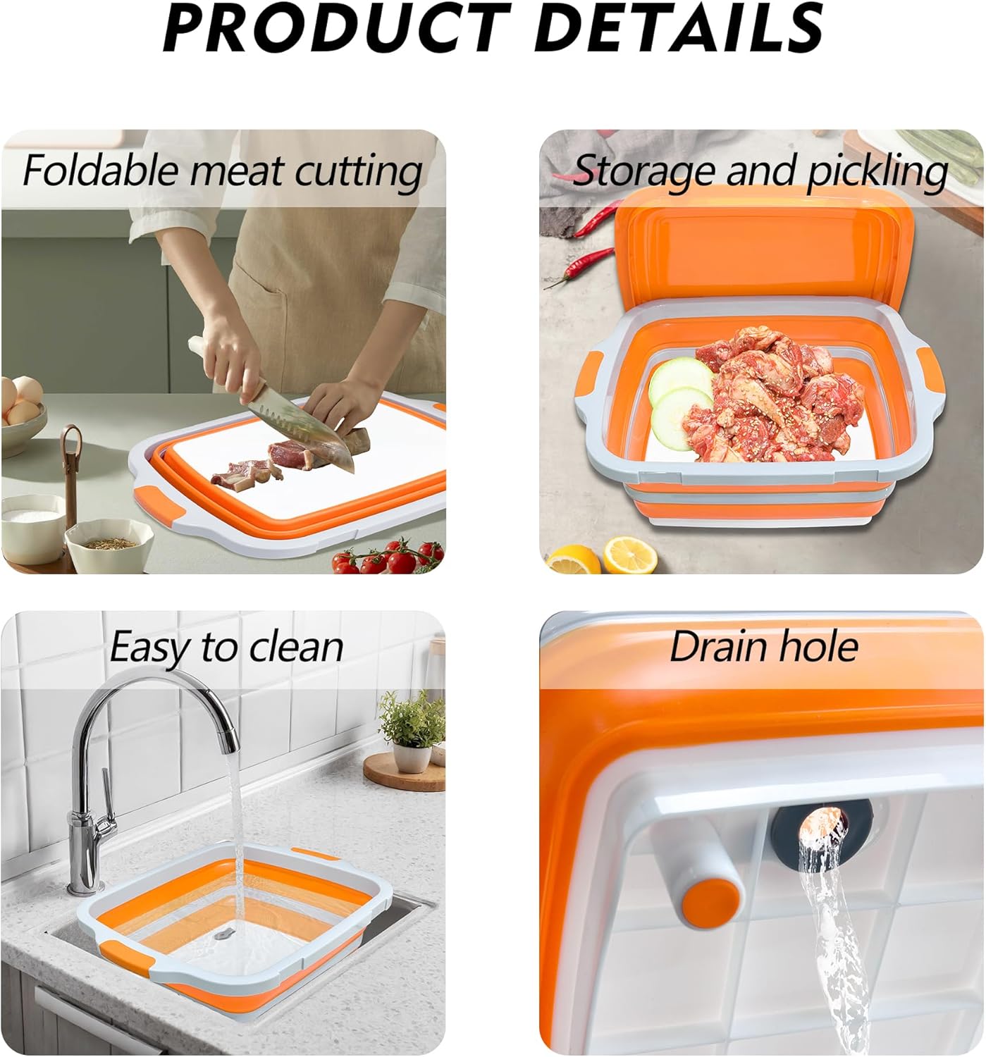 8L/16L BBQ Prep Tub with Cutting Board, Lid & Complimentary Mitts/Gloves – Collapsible Bucket for BBQ, Marinade, Picnic, Camping, Meat Prep – Orange/Black (Orange, X-Large Lid Lock)