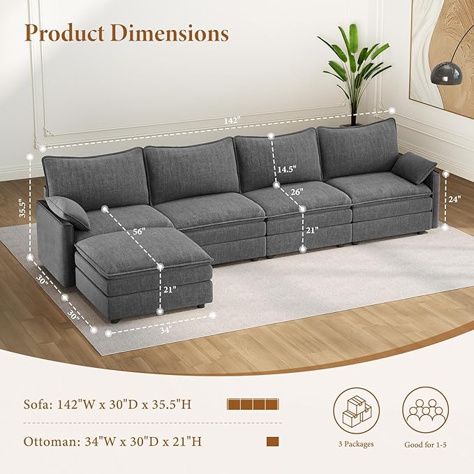 Vesgantti 142" Cloud Couch Sectional Modular Sofa, Comfy Sectional Couch...