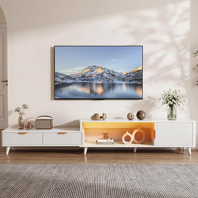 YITAHOME TV Stand for 100 Inch TVs with Power Outlet & LED Light, Fluted Entertainment Center with Storage Drawers & Cabinet, Modern Media Console for Living Room, White