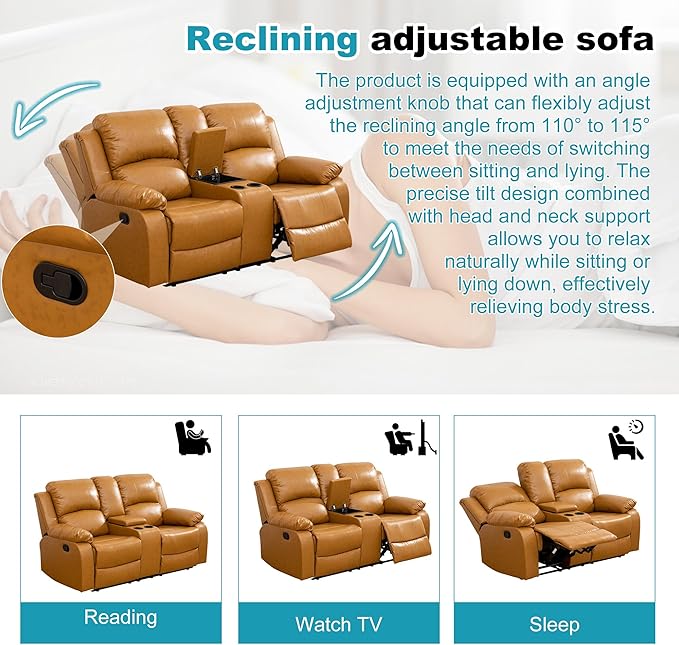 Recliner Sofa Set Couches for Living Room Chair Semi PU Fabric Living Room Furniture Sets, Adjusted Loveseat Reclining Couch Furniture Sofa Set for Theater Seating, Ginger