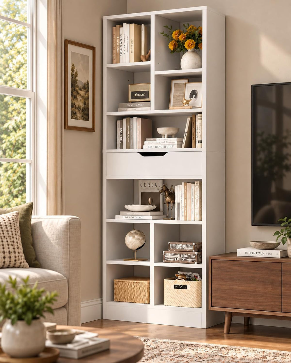 Armocity 73.6" Tall Narrow Bookshelf with Drawer for Display, 19.7"...