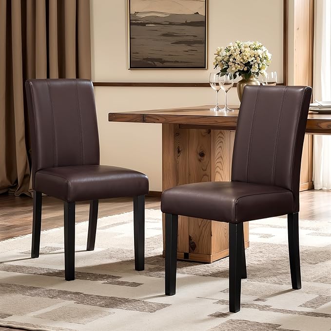 CHUN YI Dining Chairs Set of 2, Faux Leather Dining Room Chairs, High Back Upholstered Parsons Chairs for Dining Room Kitchen Side Chair with Sturdy Wood Legs, Brown